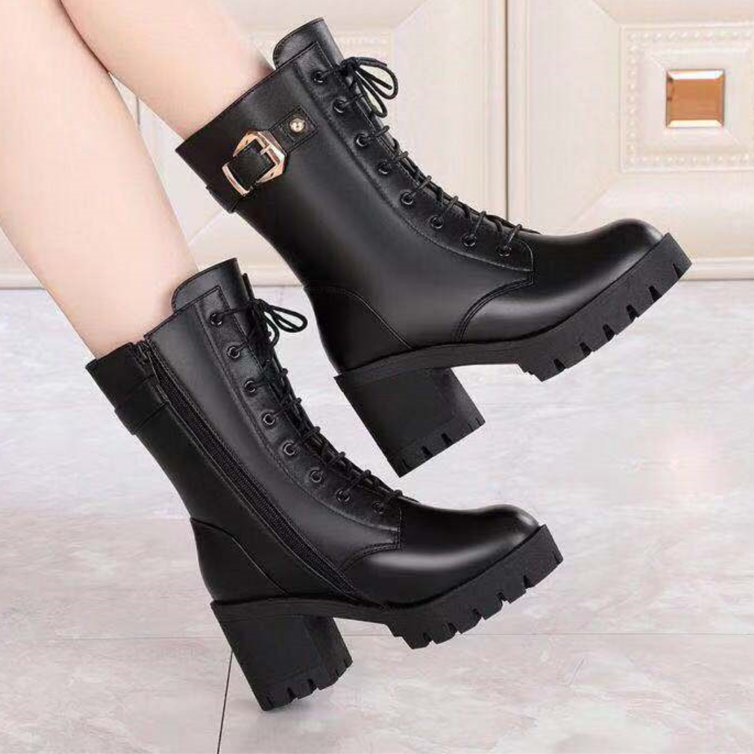 Bota Cano Alto com Salto e Revestimento de Lã para Inverno/ Outono