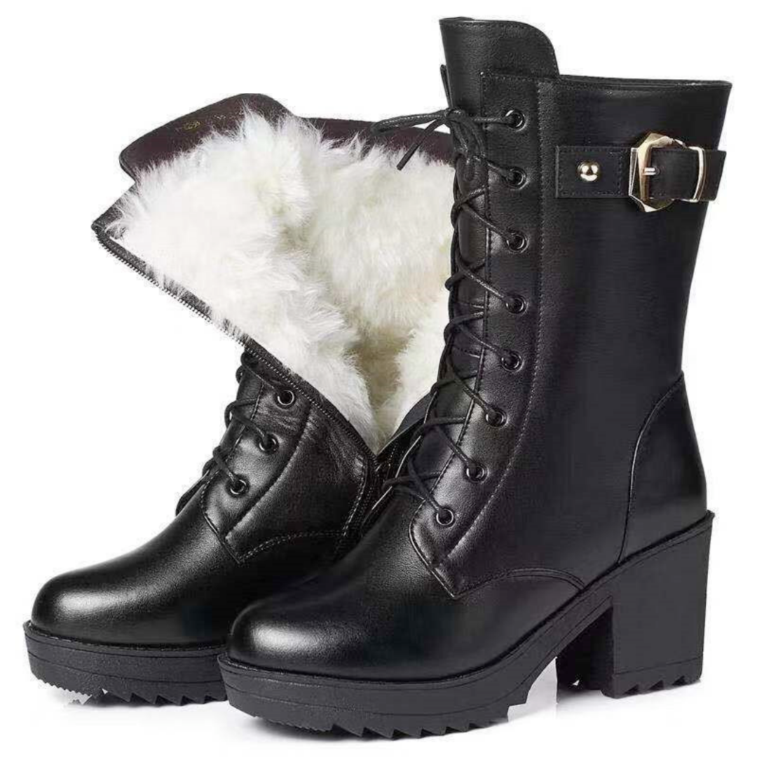 Bota Cano Alto com Salto e Revestimento de Lã para Inverno/ Outono