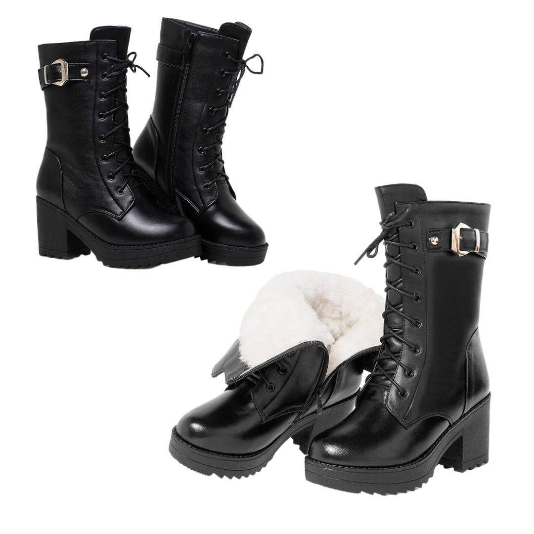 Bota Cano Alto com Salto e Revestimento de Lã para Inverno/ Outono