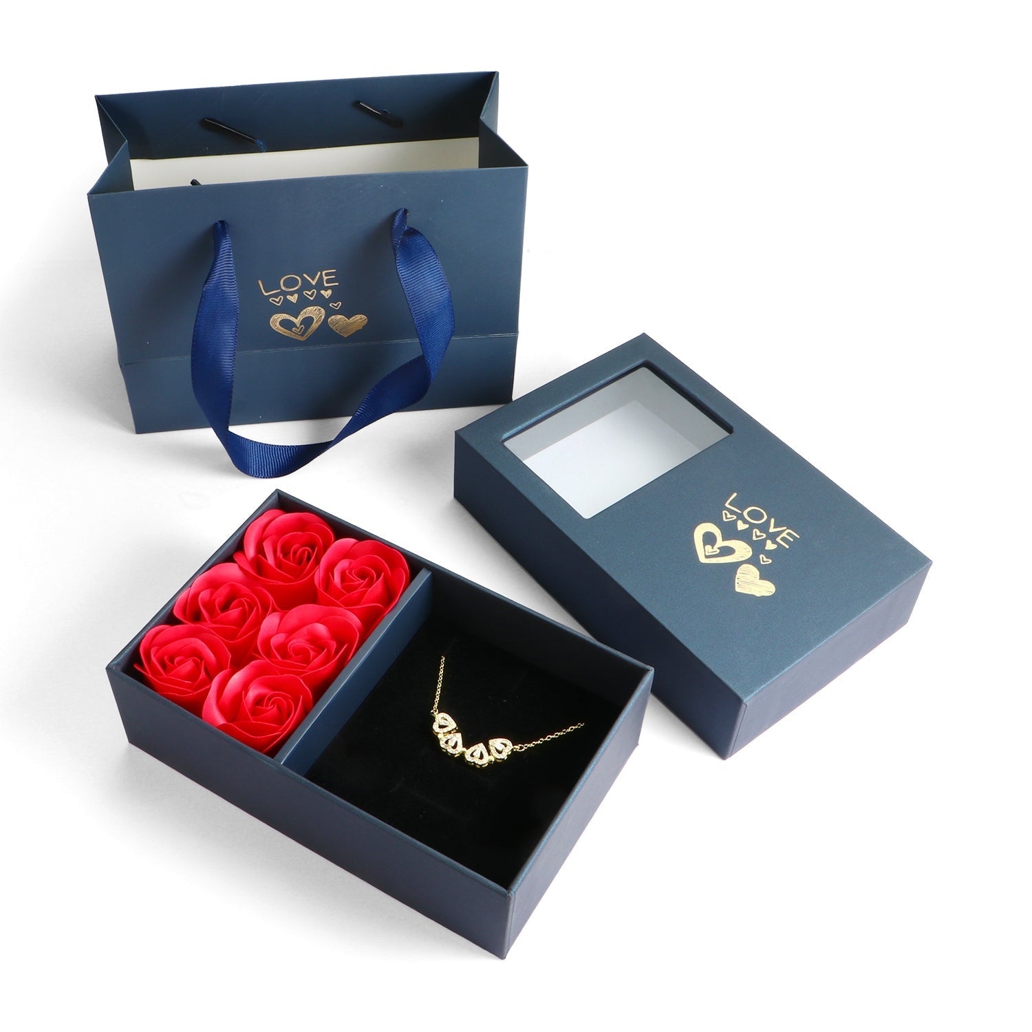 Colar 2 em 1 - Trevo de Corações + Brinde Caixa com 6 rosas