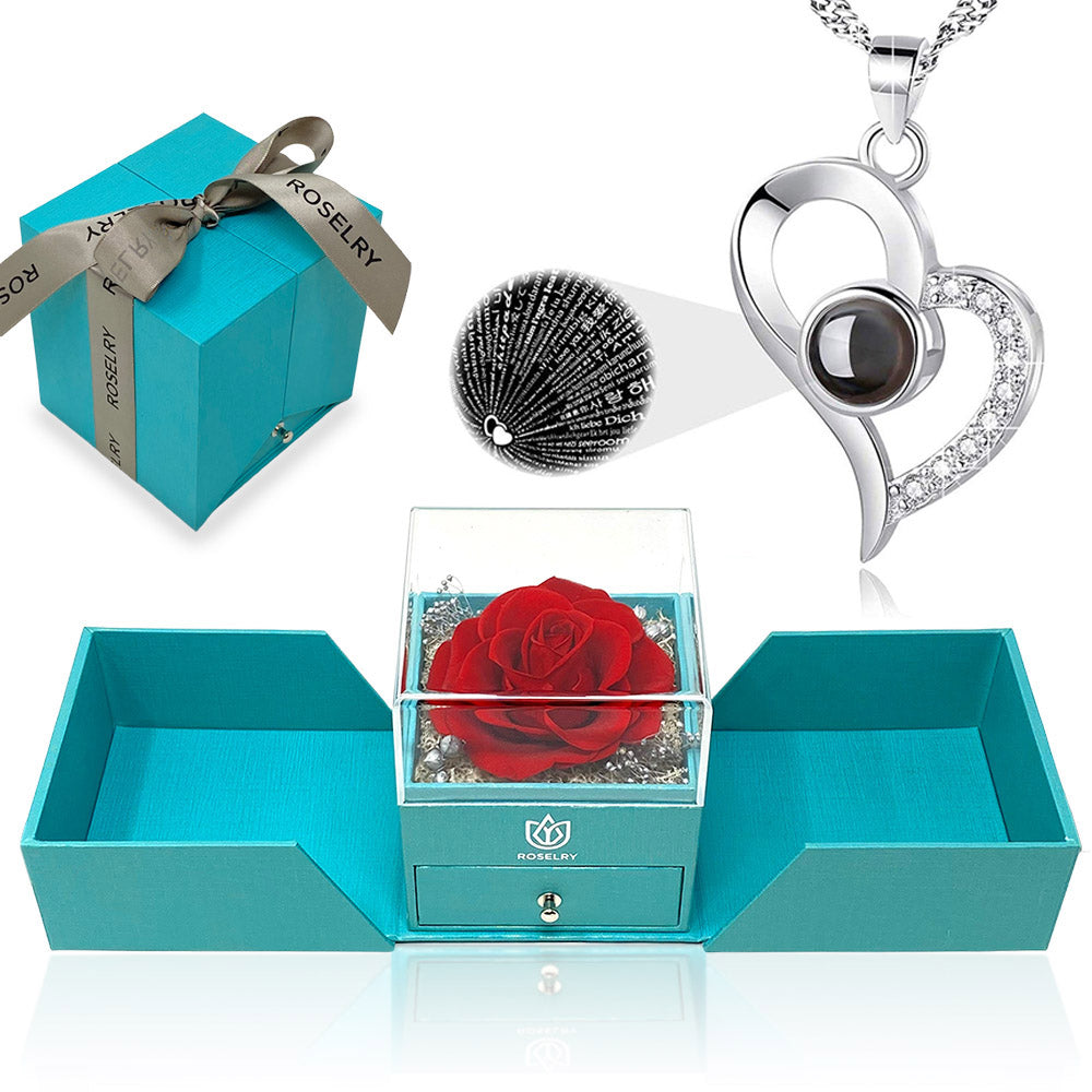Colar I Love You em 100 idiomas com caixa de Rosa Real