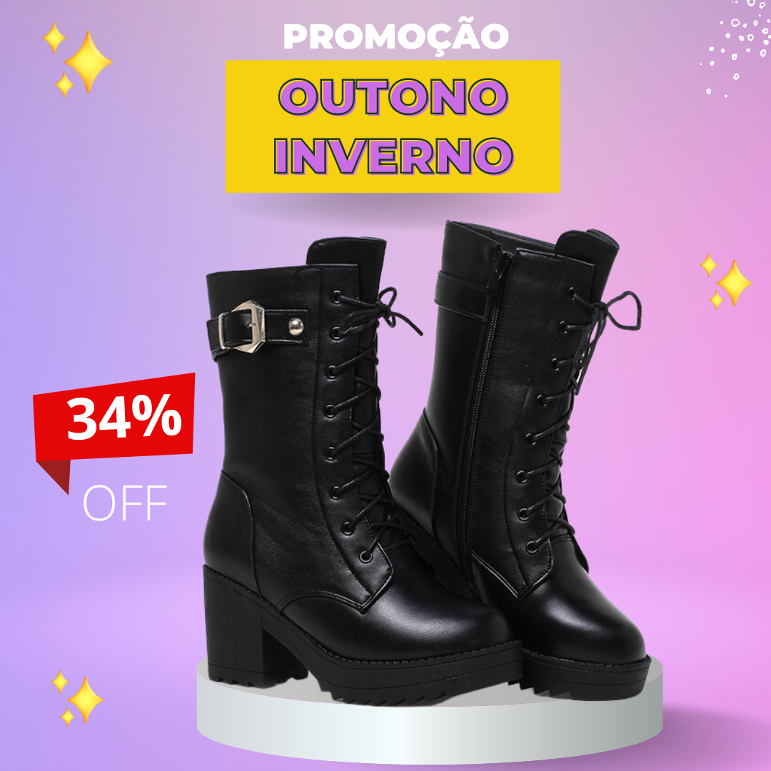 Bota Cano Alto com Salto e Revestimento de Lã para Inverno/ Outono